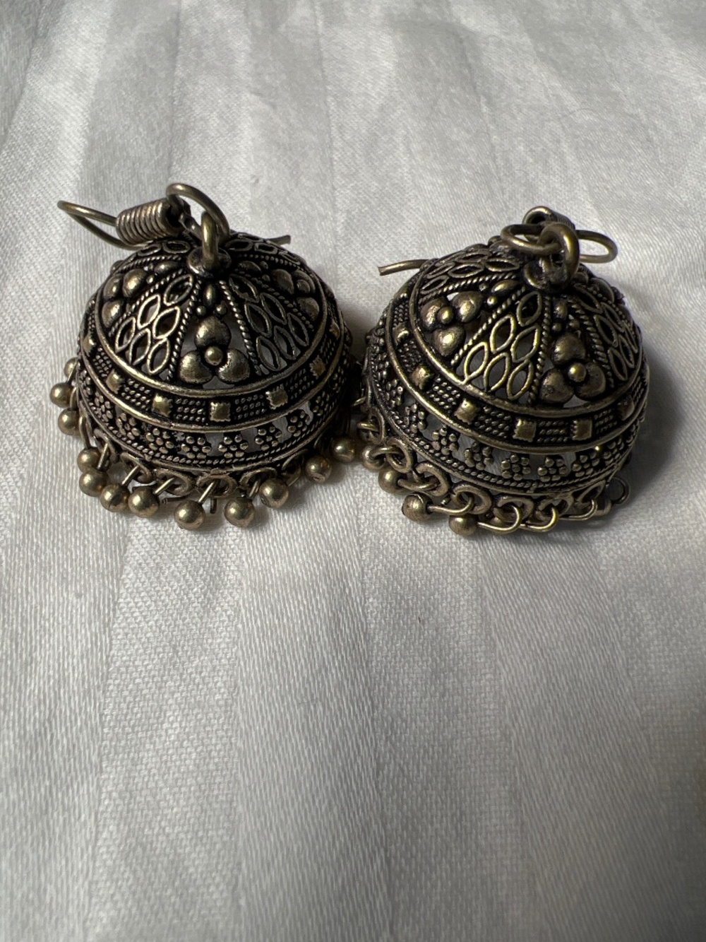 Vintage Oxidized Pewter Boho Jhumka Bell Indian Tribal Drop Earrings